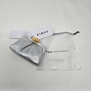 Aimee Kestenberg Silver Metallic Leather Clutch Wallet Gold Kiss Lock